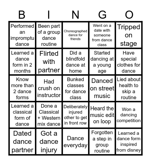 Dancer's Bingo Card