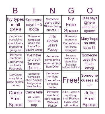Socials Bingo Card
