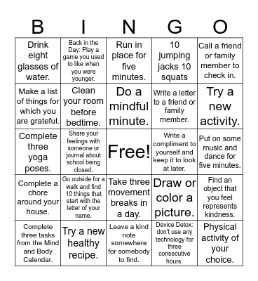 Mind & Body Bingo Card