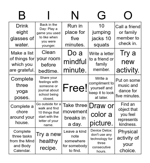 Mind & Body Bingo Card