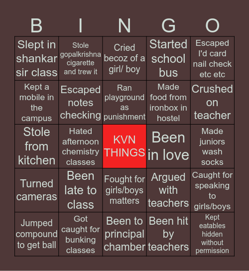 KVN school Bingo Card