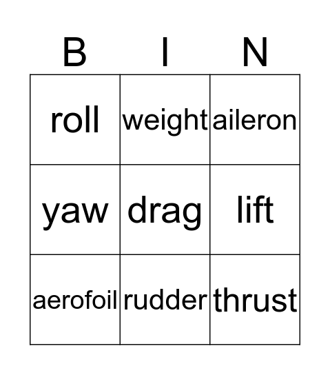 Principles of Flight Bingo Card