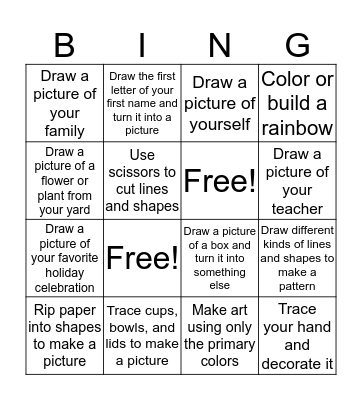 First and Second Grade Art Bingo Card