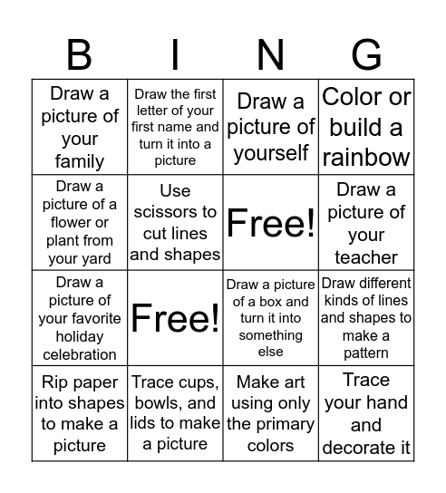First and Second Grade Art Bingo Card