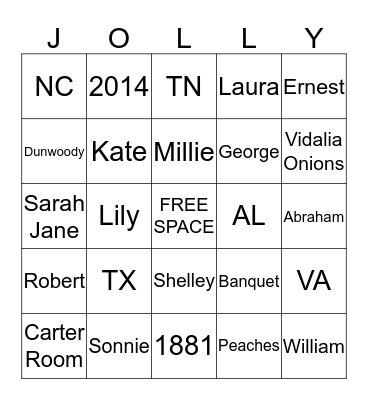 JOLLY FAMILY REUNION 2014 Bingo Card