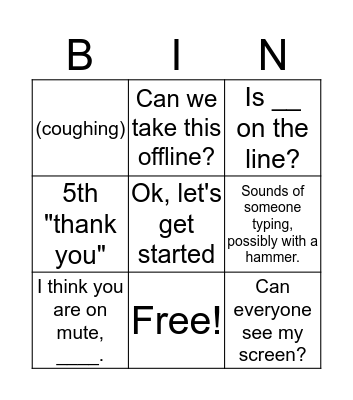 Dev+QA conference call bingo Card