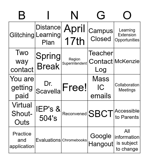 Staff Meeting 3/30/20 Bingo Card