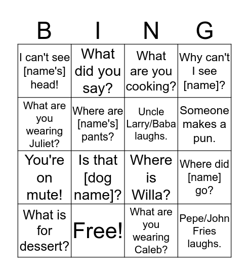 Schaefer Sunday Dinner (Card 1) Bingo Card