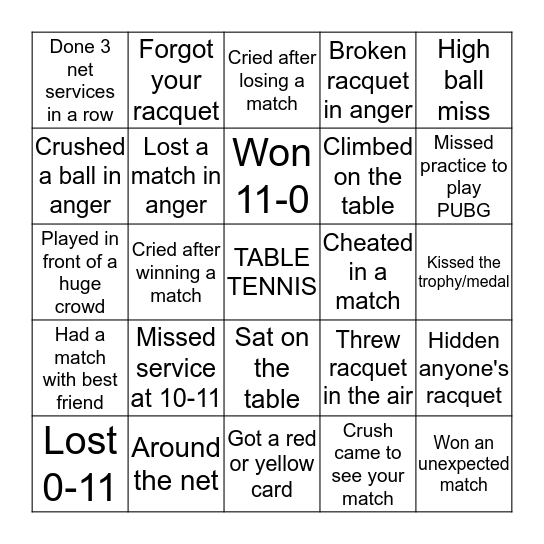 have you ever #tabletennis Bingo Card
