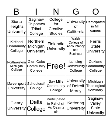 It's Your Choice: College Bingo Card