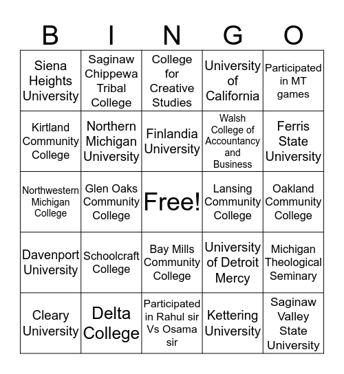 It's Your Choice: College Bingo Card