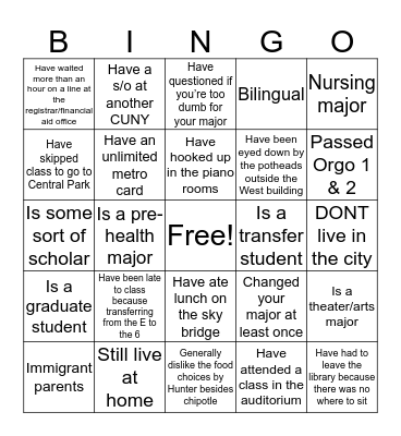 Hunter College Bingo Card