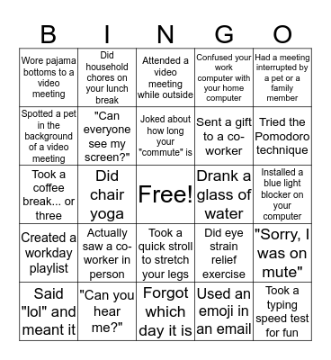 Remote Work Bingo Card