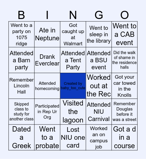 NIU Edition Bingo Card
