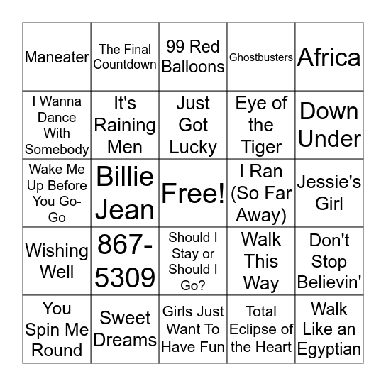 80s Music Bingo Card