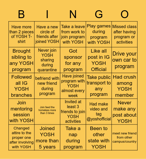 YOSH Bingo Card