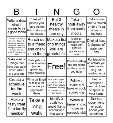 SRS Emotional Health BINGO Card