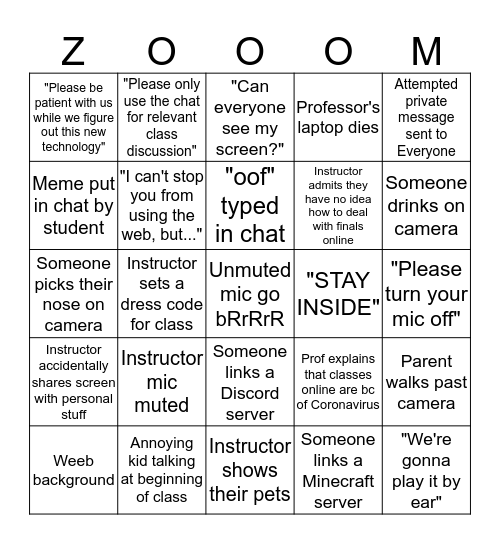 Zoom Bingo Card