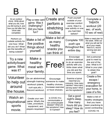 P.E. & Health Bingo Card