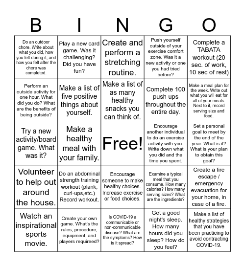 P.E. & Health Bingo Card