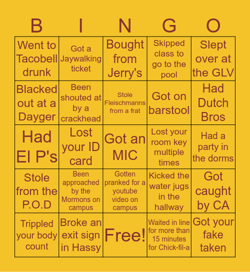 ASU Freshman Bingo😭😂 Bingo Card