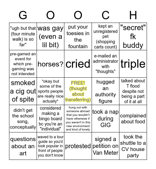 ~ yet another Goucher Bingo ~ Bingo Card