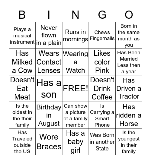 Getting to know you Bingo Card