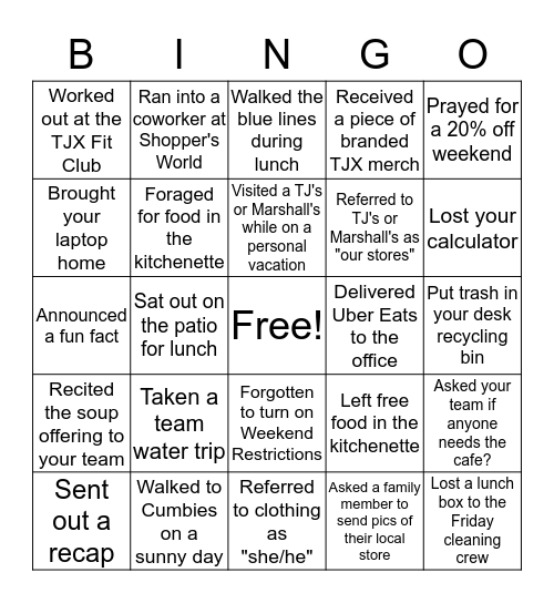 TJX Bingo Card