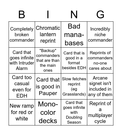 Commander 2020 Bingo Card