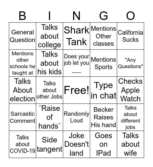 Mr Becker Bingo 2 Bingo Card