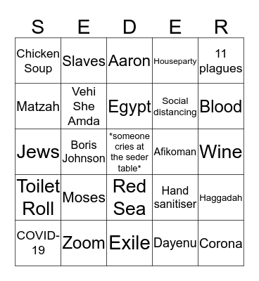 Aish UK 2020 Passover Bingo Card