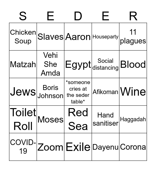 Aish UK 2020 Passover Bingo Card