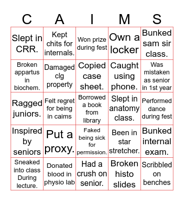 CAIMS BINGO TEMPLATE Bingo Card