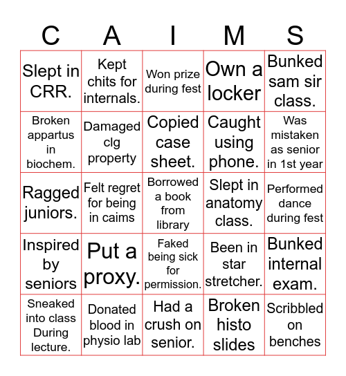 CAIMS BINGO TEMPLATE Bingo Card