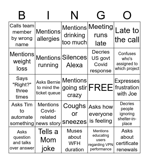Rahul's Network Standup Bingo Card