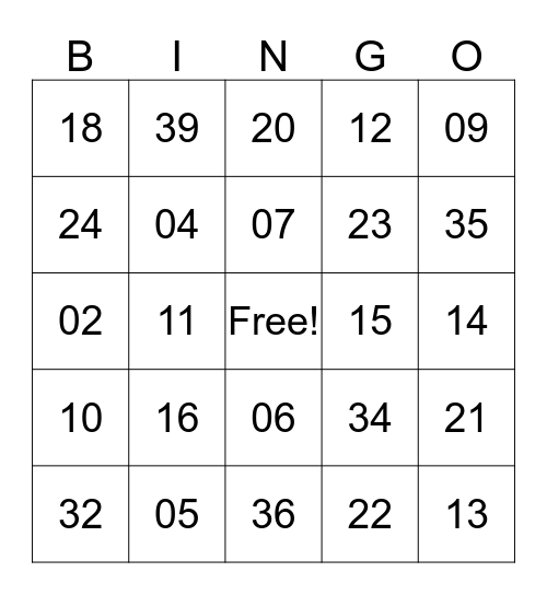 number bingo Card