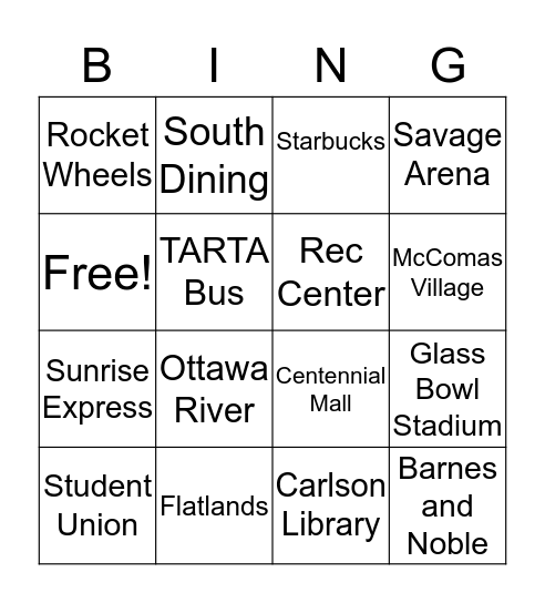 University of Toledo Leisure Resource Bingo Card