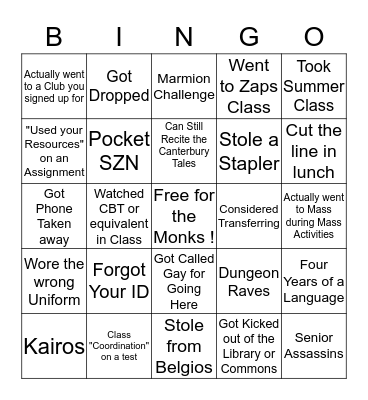 Marmion Bingo Card
