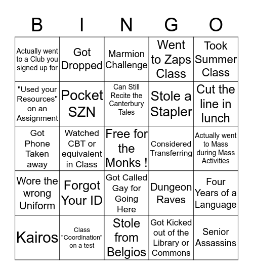 Marmion Bingo Card