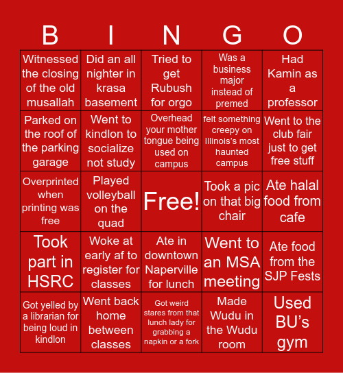Benedictine University Bingo Card