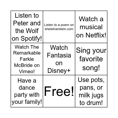 Performing Arts Bingo Card