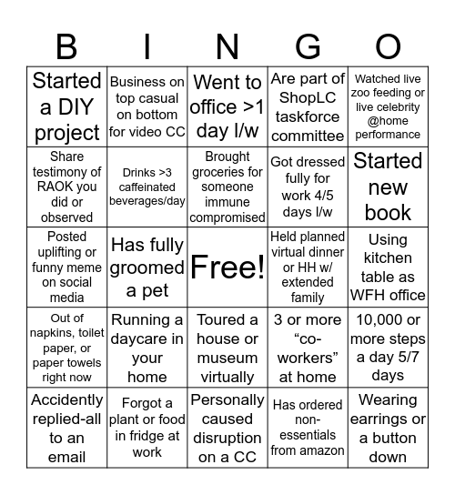 Shop LC - Associate Senate Bingo Card
