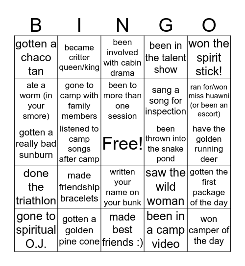 camp huawni Bingo Card