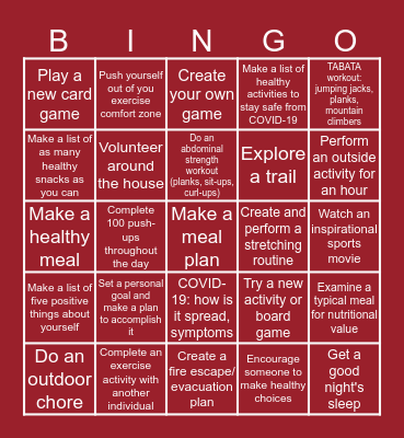 Quarantine Health-PE Bingo Card