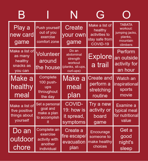 Quarantine Health-PE Bingo Card