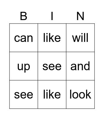Sight Word Bingo Card