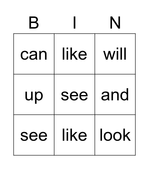 Sight Word Bingo Card