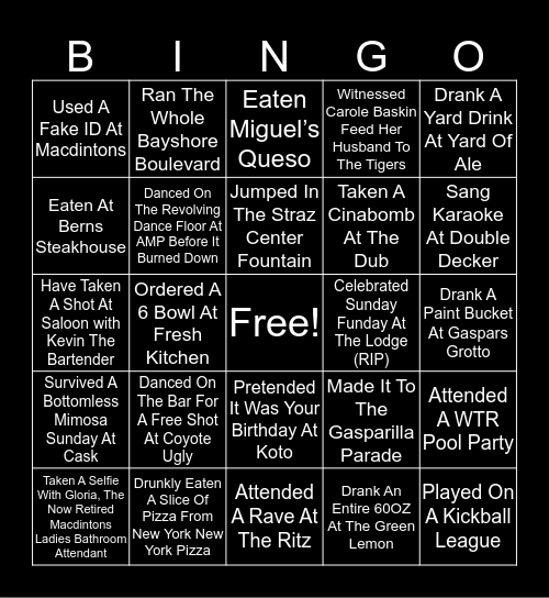 Tampa Millennial BINGO Card