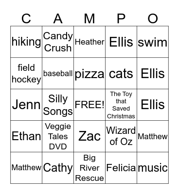 My Favorite Things Bingo Card