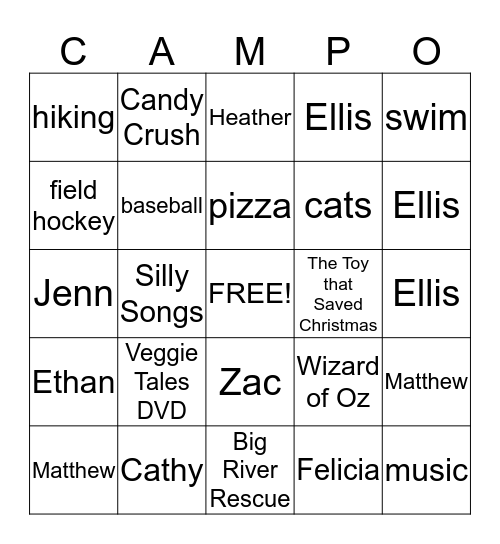 My Favorite Things Bingo Card